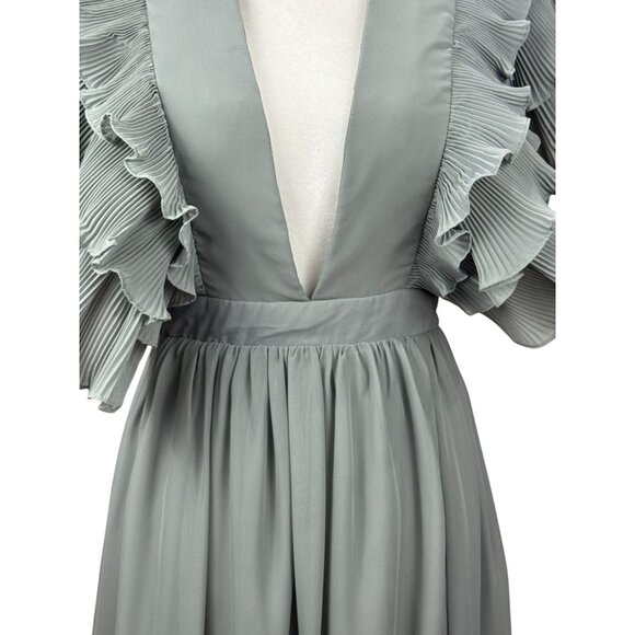 NEW TRUE DECADENSE Womens Sz 10 Gray Cap Ruffle Sleeve V-Neck Evening Maxi Gown - Picture 8 of 16